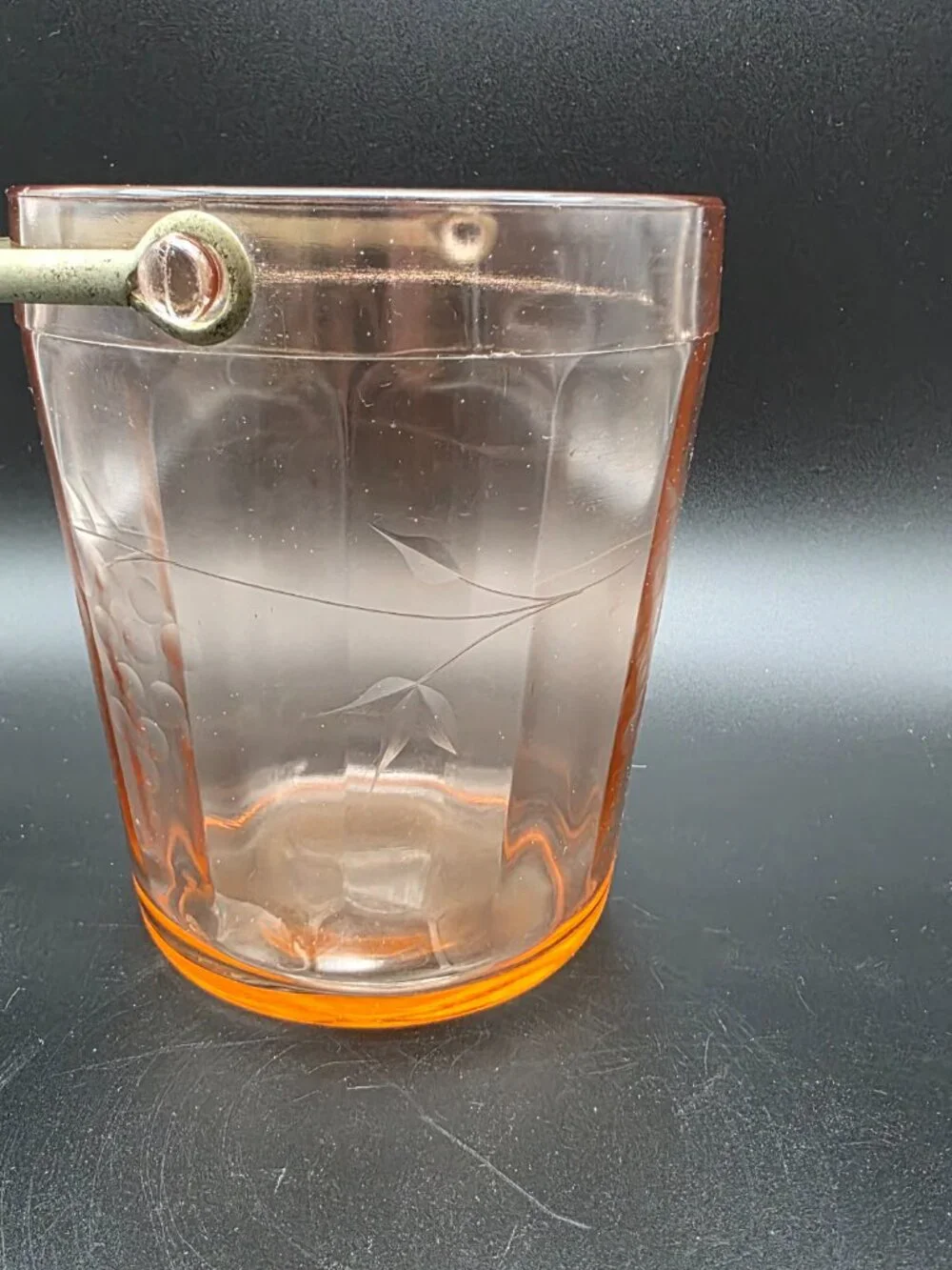 Pink Depression Glass Ice Bucket w/ Handle Etched Flower Dot Paneled Sides grape